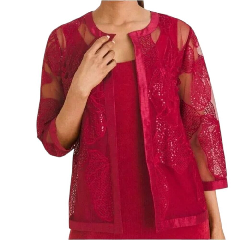 Chico's Embellished Novelty Red Sequin Satin Trim Open Front Cardigan